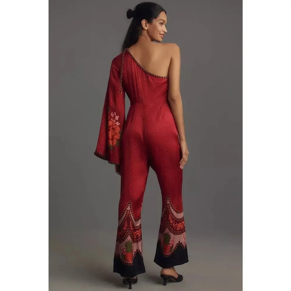 NWD Farm Rio x Anthropologie One-Shoulder Printed Satin Jumpsuit Sz S Red 9D403 - Picture 3 of 16